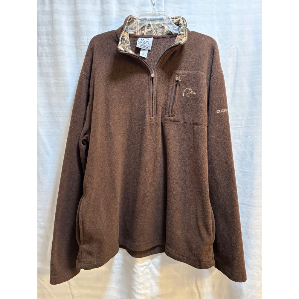 Ducks Unlimited Mens XL‎ Brown Quarter Zip Fleece Pullover Camo Trim hunting